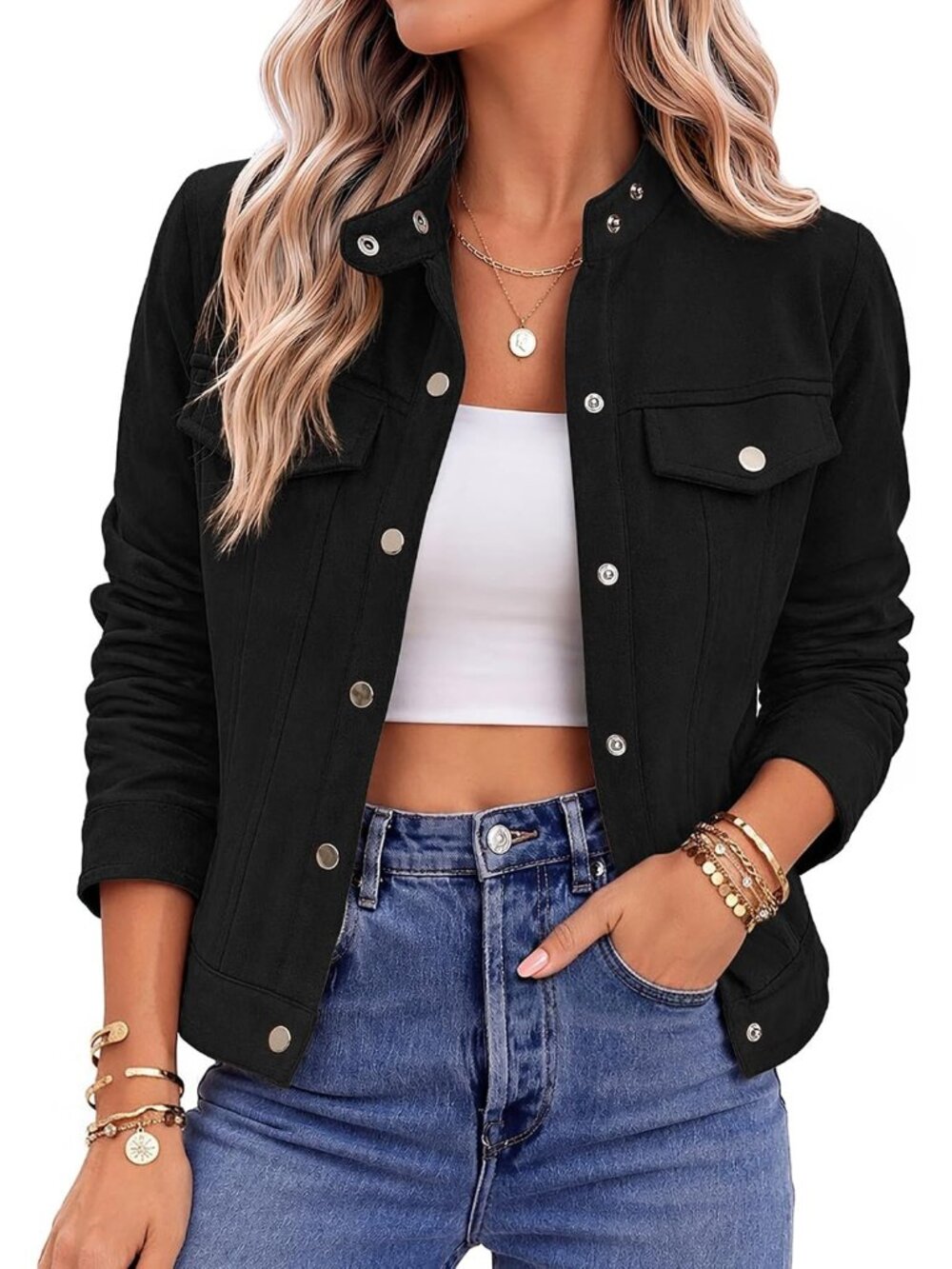 Women Black Trendy Button-down Long Sleeve Chest Pockets Weather Cropped Jacket